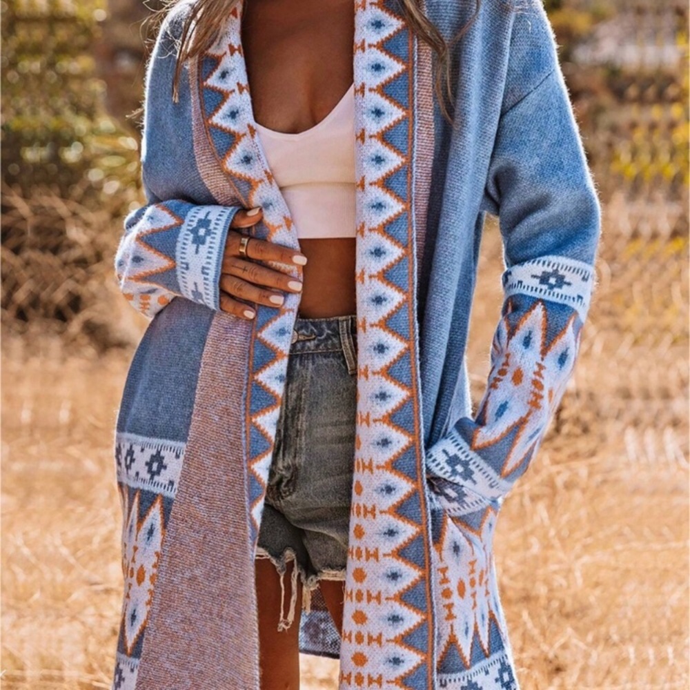 Aztec Tribal Southwestern Knit Mid Maxi Cardigan w Pockets